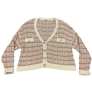 Zara Womens Size S Gem Glittery Pink White Preppy Knit Cardigan Sweater